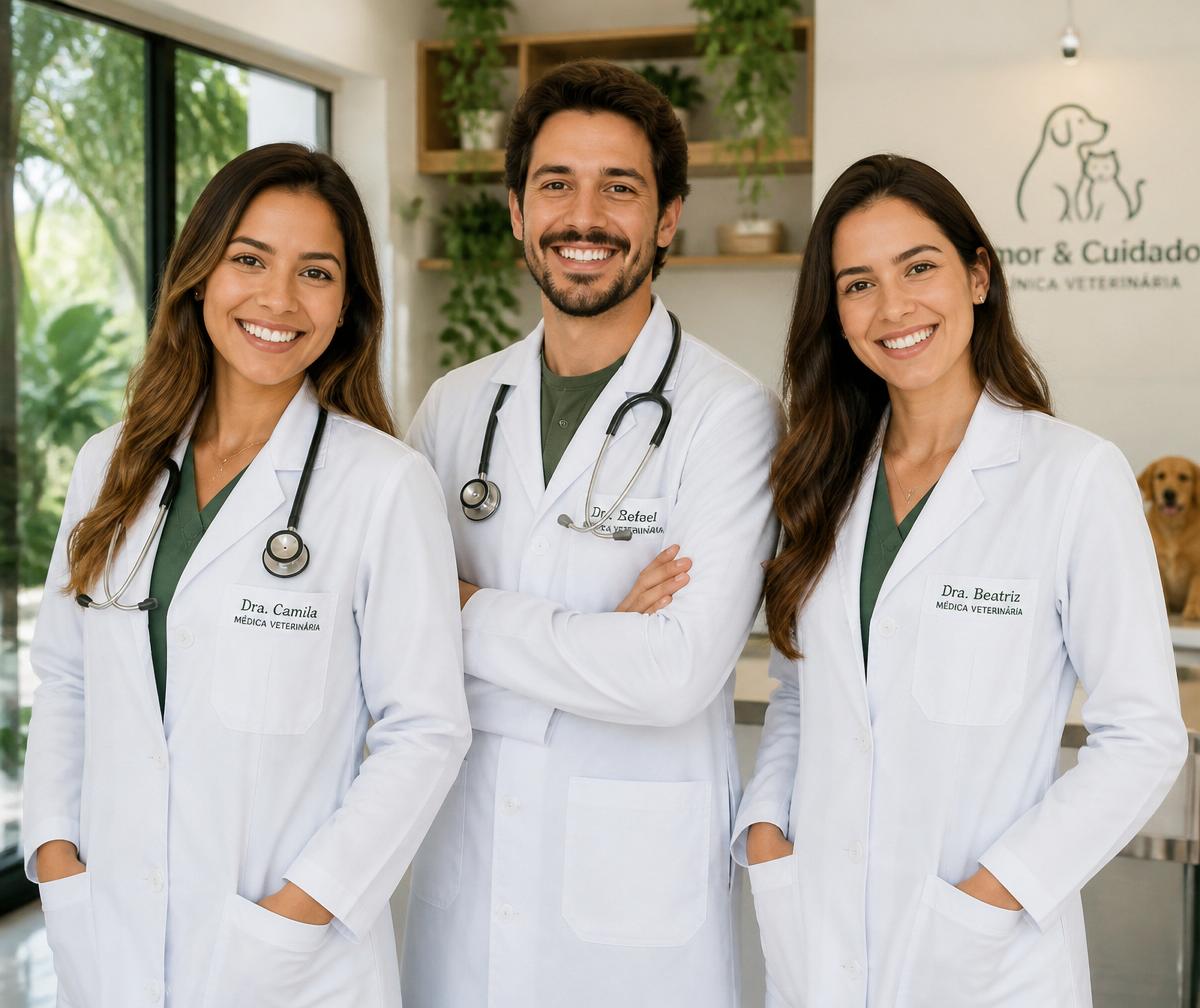 Equipe da Clinicão — médicos veterinários acolhedores em jaleco branco